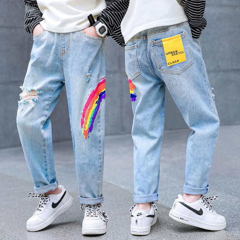 Pantalones vaqueros con estampado de arcoíris para niños, Jeans informales, rasgados, ropa de para niños de 3 a 12 años, primavera 2022