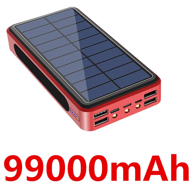 Samsung-Banco de energía Solar Xiaomi Iphone, 99000mAh, gran capacidad, portátil, para exteriores, LED, 4USB, carga rápida: Red-99000mAh