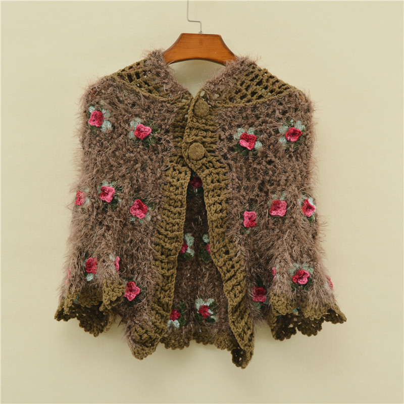 Pull femme à capuche, Cape fleurie, enveloppe, Cape Crochet, fait à la main, collection automne hiver: Default Title