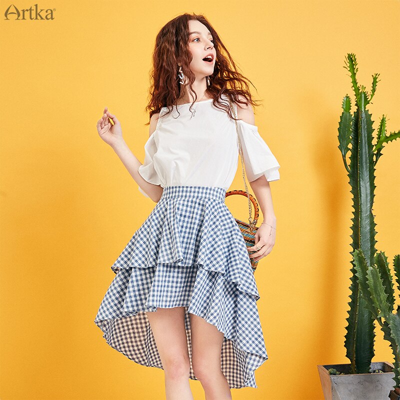 ARTKA Zomer Vrouwen Tops En Blouses Korte Flare Mouw Blouse Off-de-schouder O-hals Blouse voor Vrouwen SA15190X