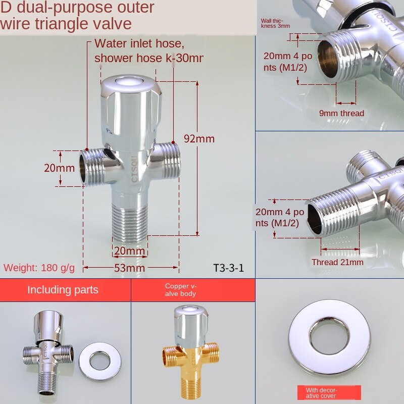 Válvula de ángulo de flujo grande especial para gas y agua heater1/2IN 3/4IN, núcleo de bola de diámetro abierto completo, interruptor de válvula de parada de agua fría y: T3-3-1