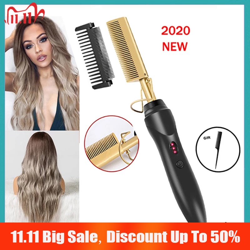 Lisseur pour cheveux en céramique pour femmes, lisseur pour hommes avec peigne pour barbe avec peigne Anti-brûlure, Mini peigne de presse électrique et