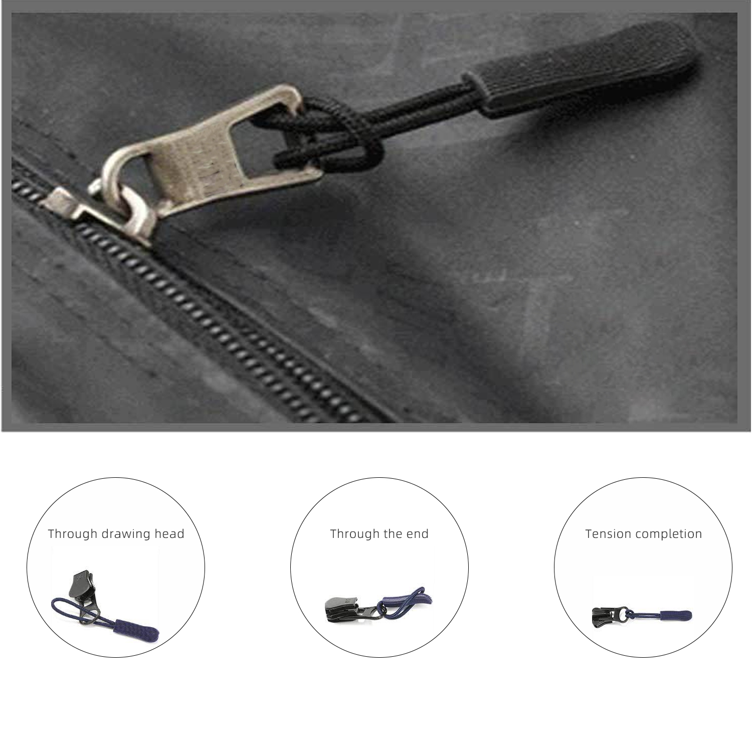 Cuerda de tracción negra de oruga, bolsa de ropa, cuerda de cabeza con cremallera, cuerda de cola, cuerda de cabeza de tracción de PVC