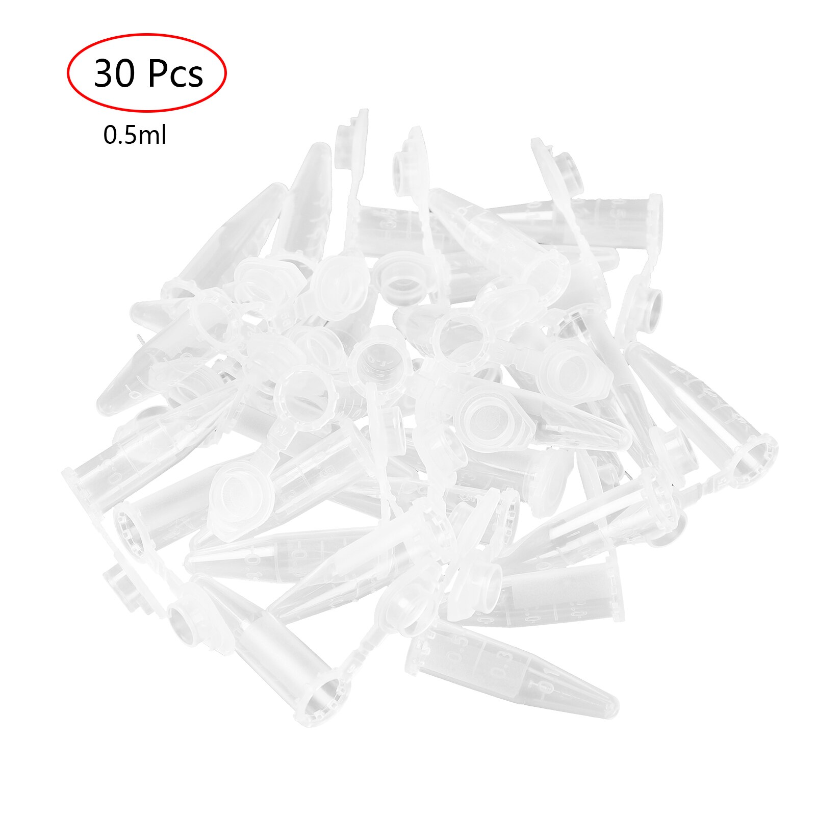 30 kleine testflesjes kweekbak van helder plastic microcentrifugebuis met schaalverdeling, lekvrije monsterpot, vloeistofextractiecontainer: 0.5ml capaciteit