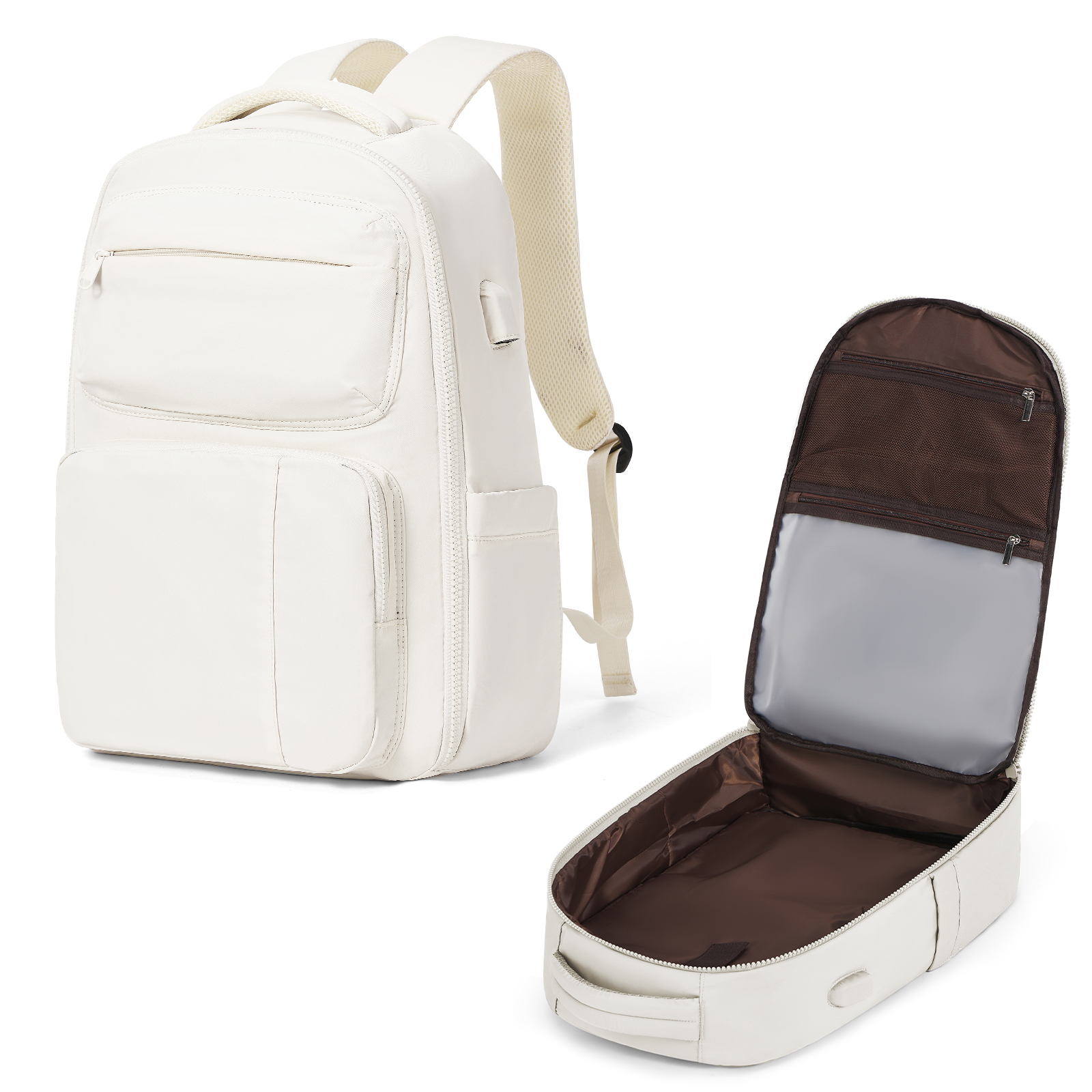 Mochila para ordenador portátil para hombre y mujer, morral de viaje impermeable con USB de 15,6 pulgadas, morral de negocios para adolescentes, morral escolar para Universidad: Beige