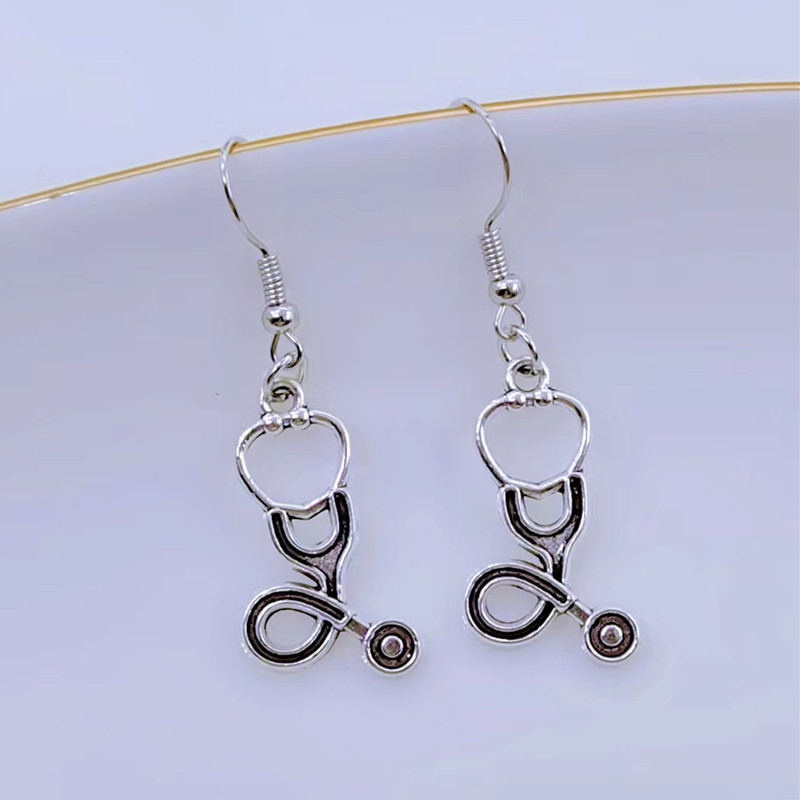 Charm enamel earrings syringe nurse cap stethoscope doctor nurse decoration earrings doctor nurse earring: Blue white zinc plated