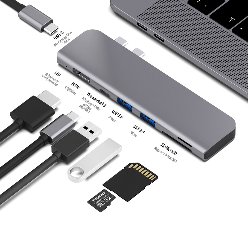 Usb 3.1 typ-c hubb till hdmi-adapter 4k thunderbolt 3 usb c-hub med hubb 3.0 tf sd-läsarplats pd för macbook pro/air -