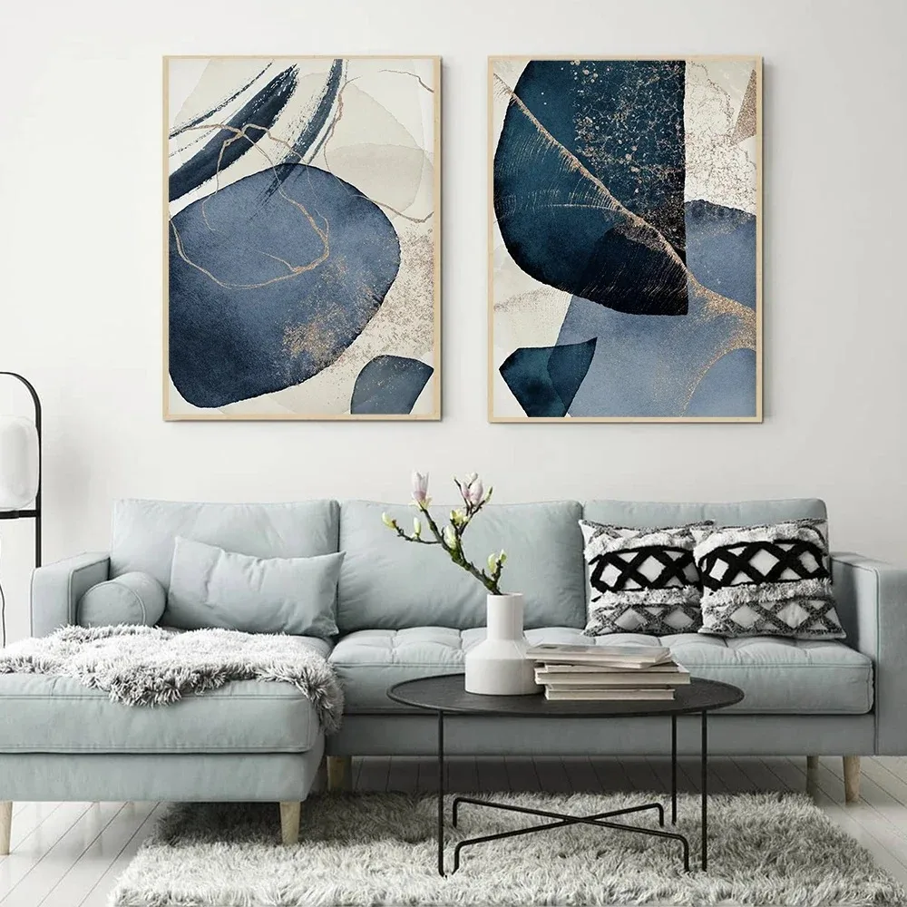 Póster geométrico de acuarela, cuadro sobre lienzo para pared abstracto azul marino nórdico, cuadro impreso moderno para oficina, decoración del hogar y habitación