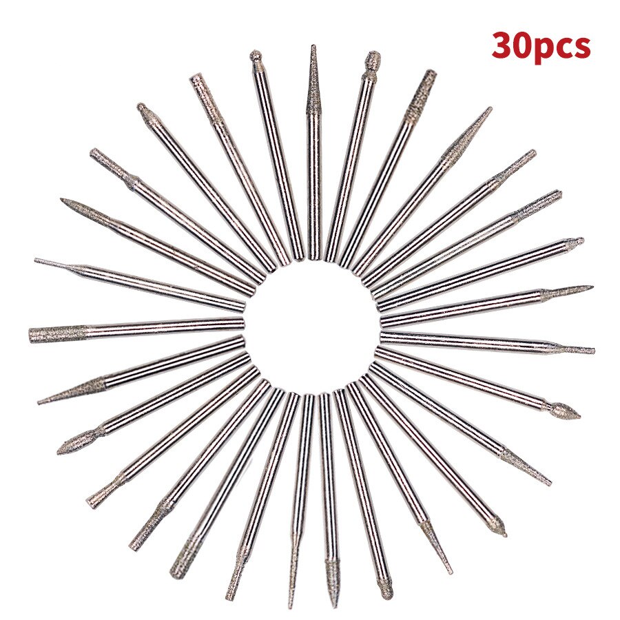 30 Stuks 3Mm Shank Diamant Slijpen Naalden Punt Graveren Carving Polijsten Glas Jade Steen Boor Dremel Rotary Tool set