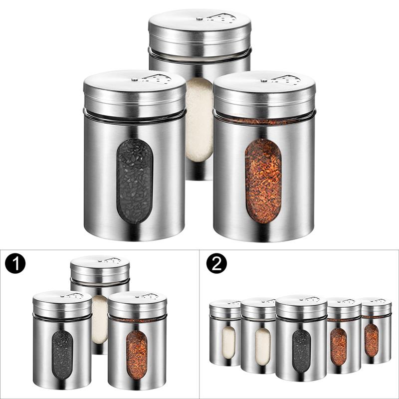 5Pcs Rvs Kruiden Kruiderij Jar Keuken Spice Fles Glas Seal Peper Shaker Fles Keuken Koken Tool