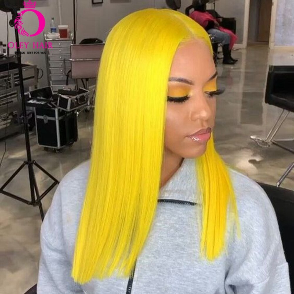 Oley Straight Short Yellow Wig High Temperature Fiber Glueless High Density Synthetic Lace Front Wig For Black Women: 14inches