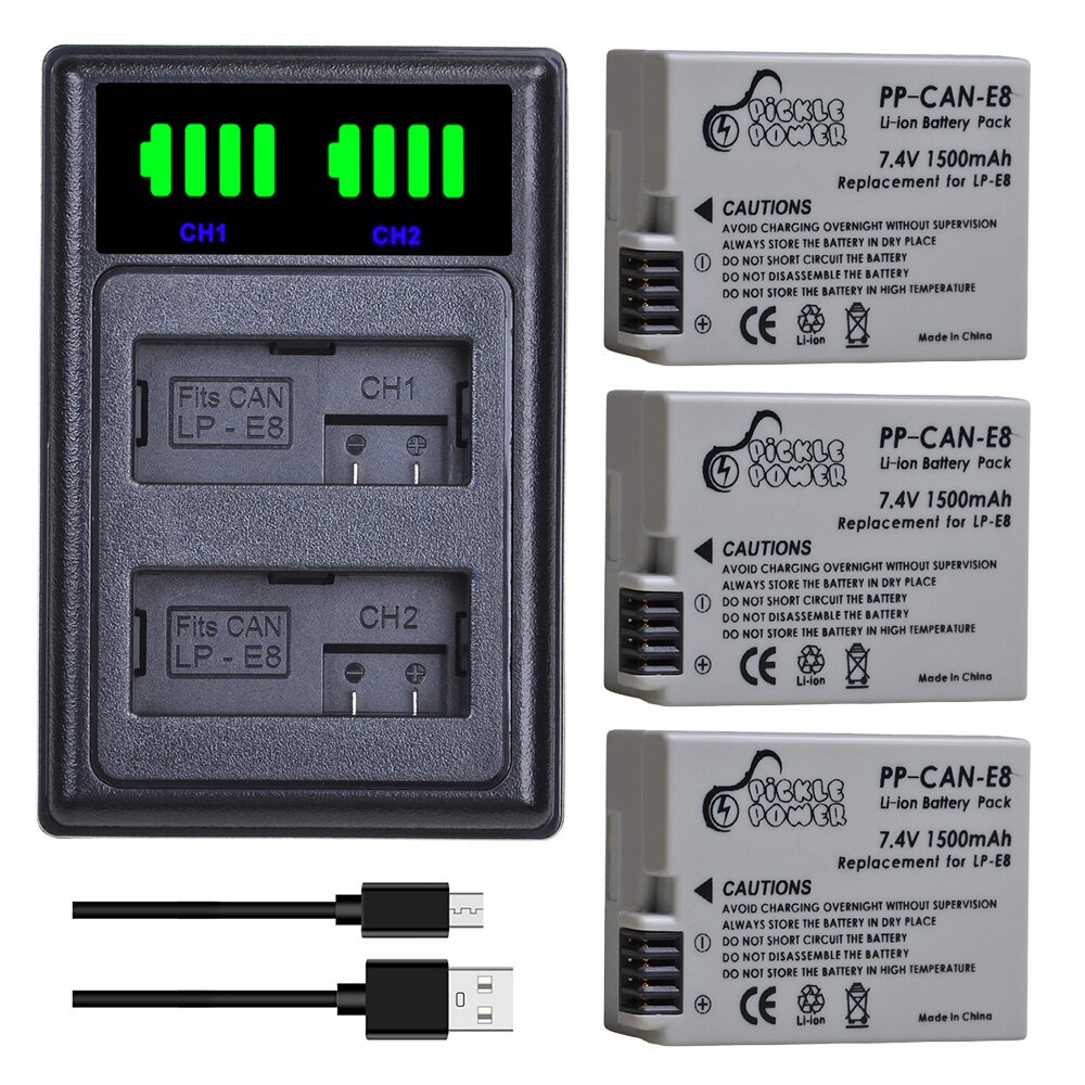 LP-E8 LPE8 LP E8 Batterie 1500mAh + LED Dual Ladegerät für Kanon EOS 550D 600D 650D 700D Kuss X4 x5 X6i X7i Rebell T2i T3i T4i T5i.: Ladegerät und 3Batterie