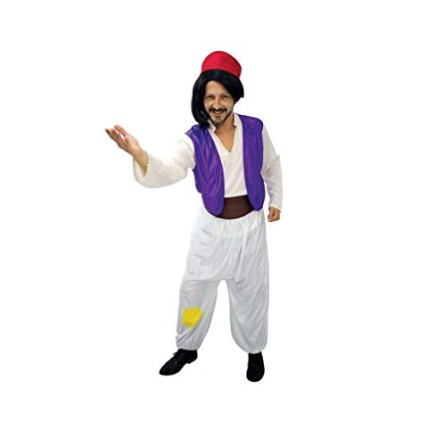 Disfraz de Árabe, tipo Aladdín. Contiene: Camisa con chaleco, Pantalón, Fajín y Gorro. Talla única de adulto