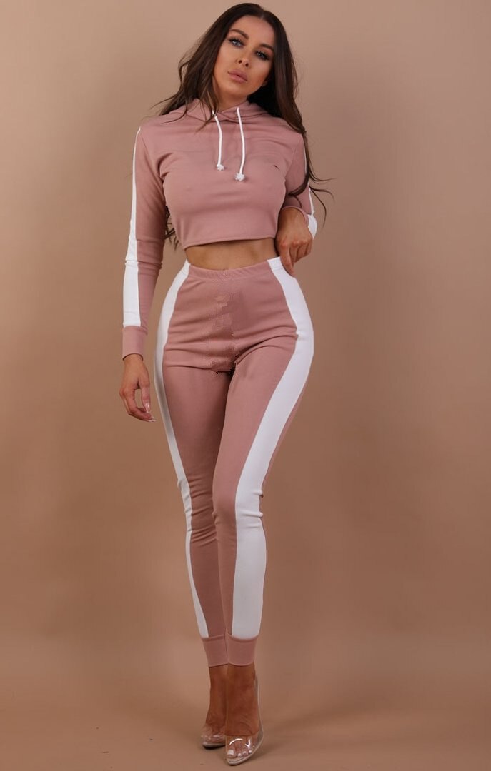 Side Striped Crop Hooded For Women Long Sleeve Hoody Elastic Sports Set Autumn Women's Ypga Shirts Tracksuits Sportswear: Pink / XXL