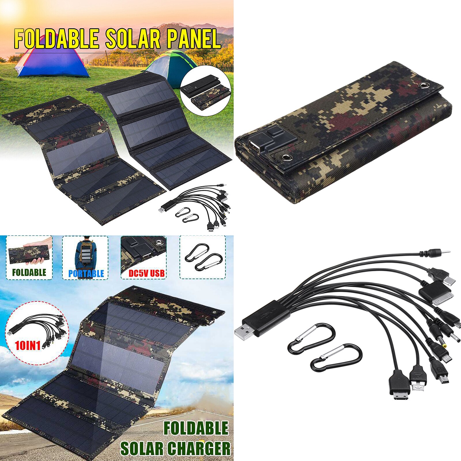 Alfombra Solar Flexible, manta plegable, Kit de Panel Solar, estación de energía, cargador de teléfono móvil, incluye ganchos de suspensión y 10 puertos USB