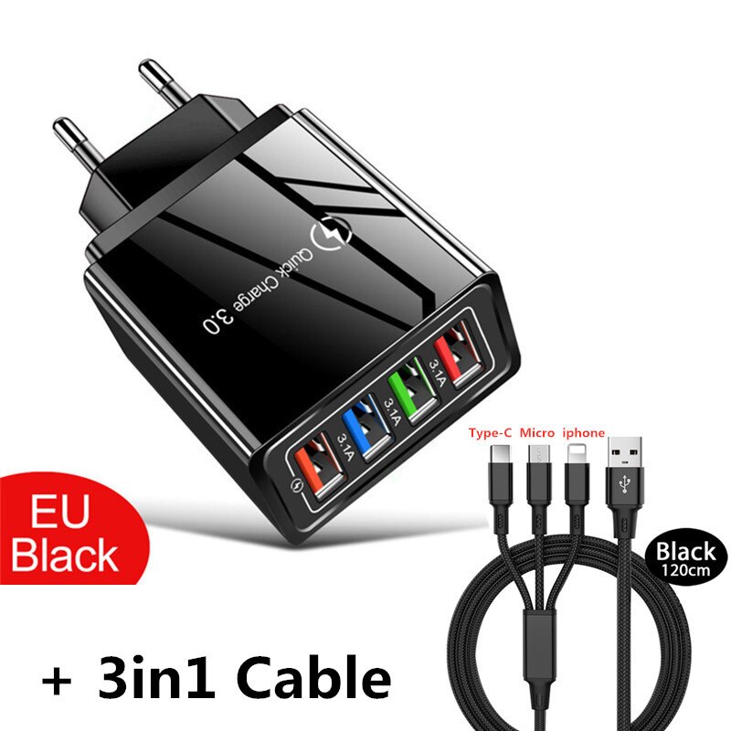 XEDAIN EU/US 4 Port USB Charger Quick Charge Mobile Phone Wall Chargers Cable for iphone X XR Huawei Xiaomi Samsung: EU 3in1 Cable Black