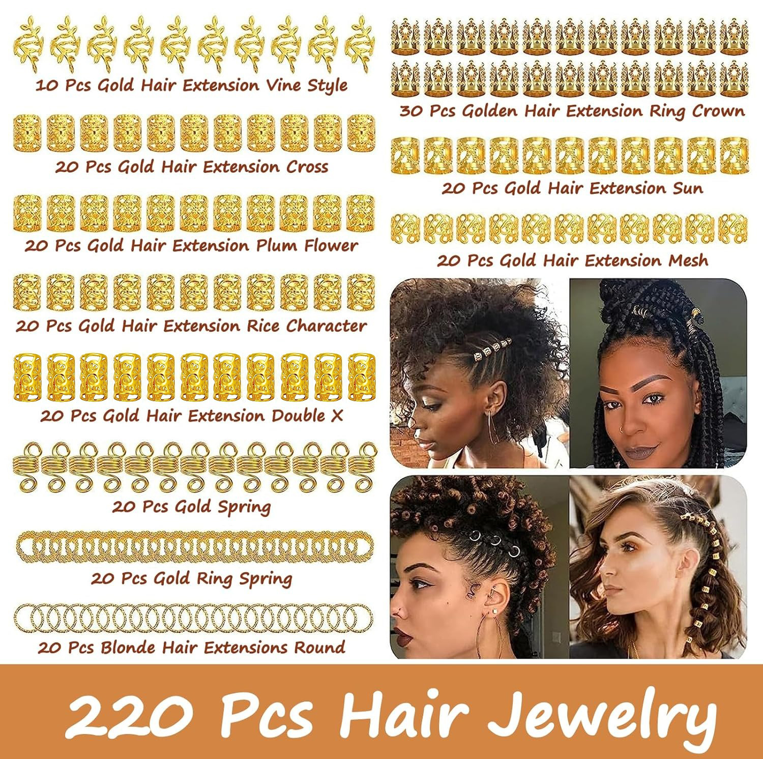 220 peças acessórios de cabelo dourados, joias loc para tranças, joias de cabelo femininas, punho de anel de cabelo de metal para dreadlocks acc
