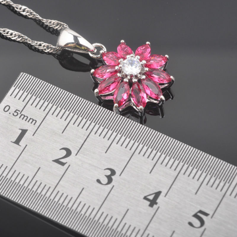 Zilveren sieradenset voor dames, trouwketting, oorbel, ring, hemelsrode zirkonia, kristallen bloem, kostuumsets  qz0435