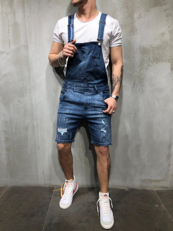 Pantalones cortos holgados a la para hombre, petos vaqueros rasgados para hombre, petos vaqueros informales para hombre, pantalones cortos hasta la rodilla: deep blue / S