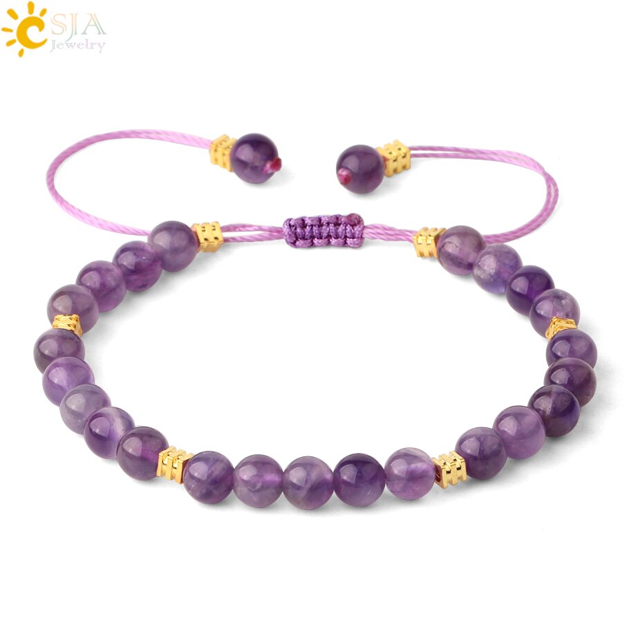 Csja 6Mm Natuursteen Strand Armbanden Paars Crystal Lapis Quartz Bead Gevlochten Touw Verstelbare Vrouwen Mannen Mode Armband G544: Amethyst