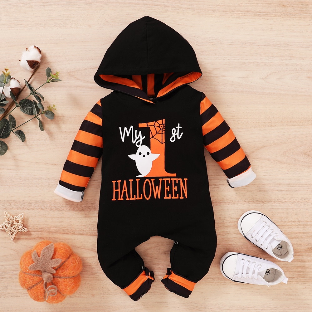 Neonati maschi vestito costume di Halloween Fantasma Cotone A Maniche Lunghe con Cappuccio Pagliaccetto Tuta A Strisce Maglione Vestiti Infantili vestito