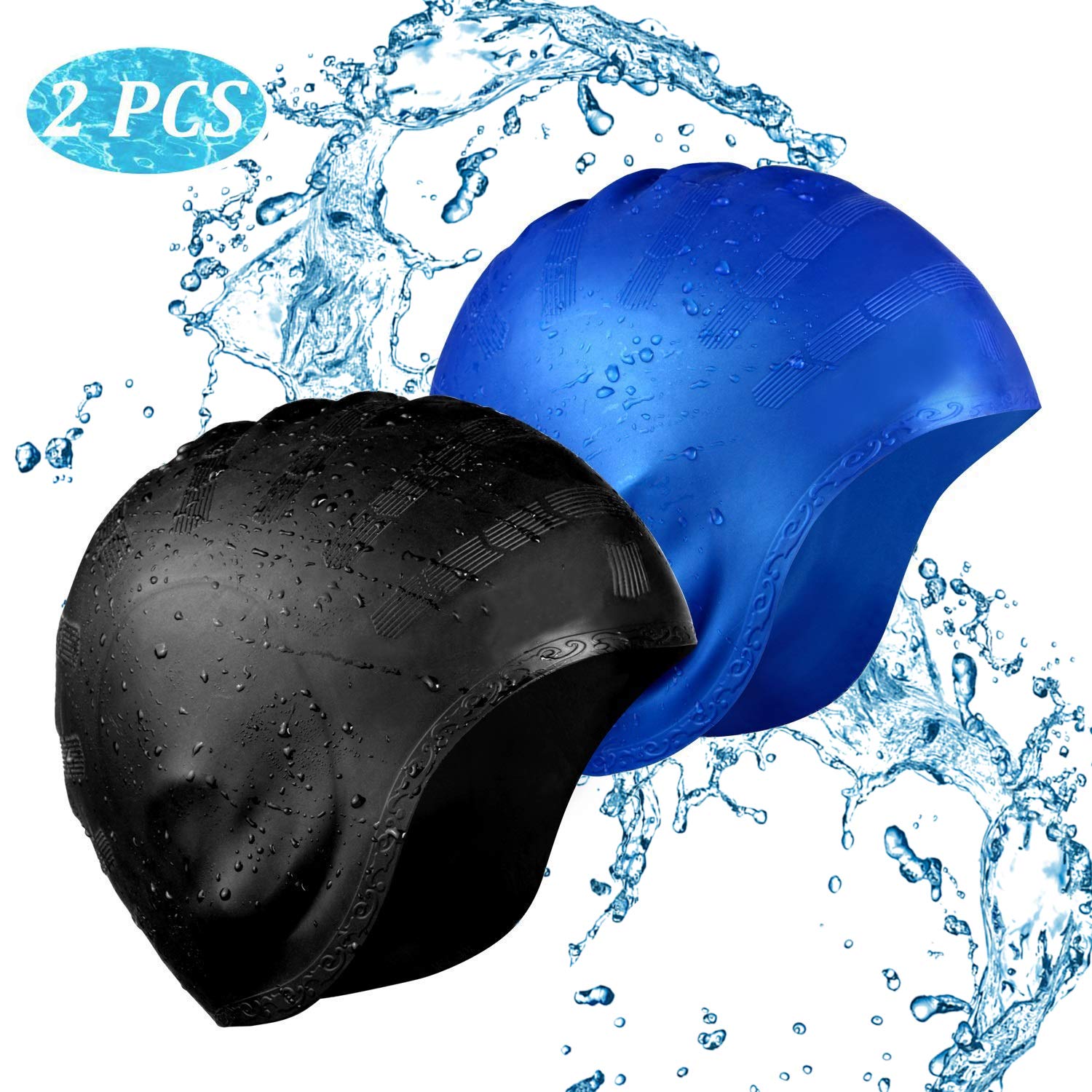 Swimming Caps 2 Pack Silicone Swim Cap No-Slip Long Hair Unisex Pool Hat with Ear Cover Protect for Men Women Adult Kids Youths: Default Title
