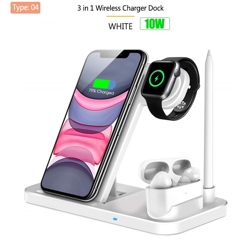 4in1 Qi Wireless Charge Station Foldable Base 15W Fast Wireless Charging for Samsung S20 S10 Huawei Apple iWatch 5 4 3 Airpods 2: T4 10W Charge White