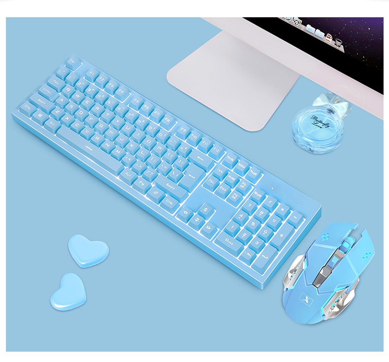 Frauen 2,4 GHz Drahtlose Rosa Tastatur und Maus einstellen für Gamer Notizbuch PC Tastatur Weiß hinterleuchtet und 2400DPI kabellos maus: Blau einstellen