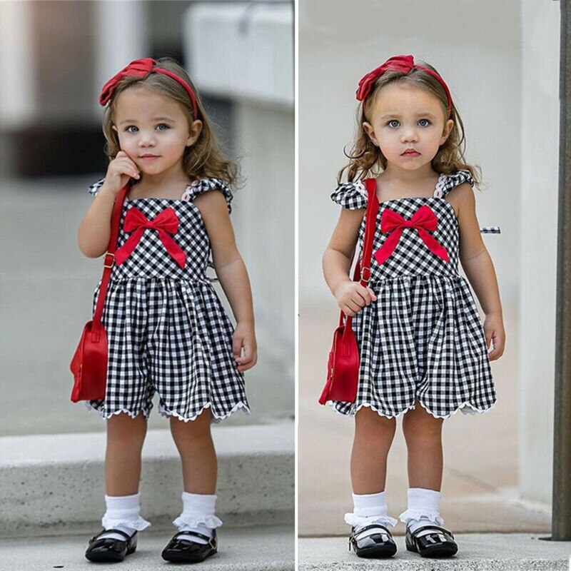 Peuter Kids Baby Meisje Strik Plaid Romper Overall Palysuit Zomer Mode Boog Kant Jumpsuit Faux Jurk Kleding