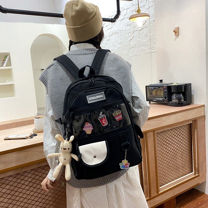 Mochila Coreana de gran capacidad para mujer, bolso escolar de bolsillo transparente para adolescentes, bolso de viaje de estilo Preppy a la