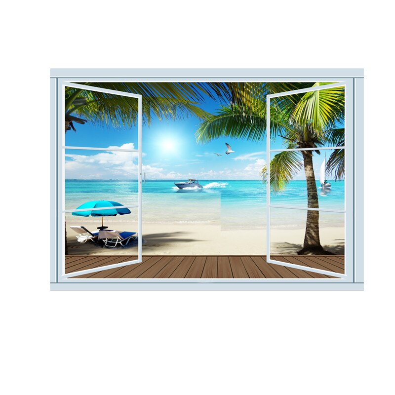3d vivid window Beach Palm tree wall decals living room bedroom home decor art cartoon wall stickers posters