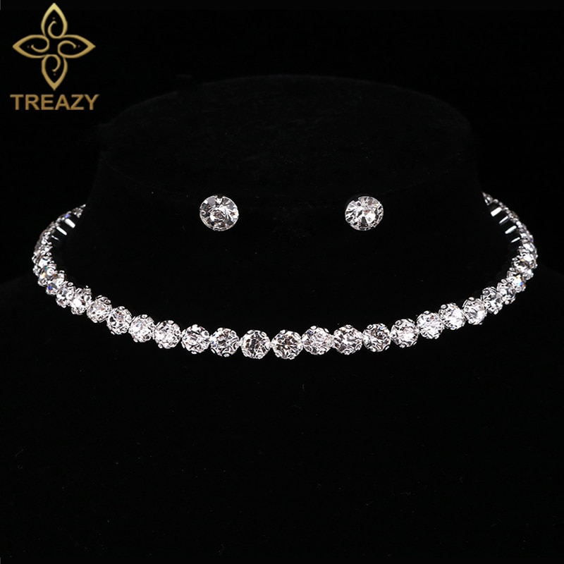 TREAZY – ensemble de bijoux de mariée en cristal, cercle de couleur argent, collier et boucles d'oreilles en strass brillants pour femmes, accessoires de mariage