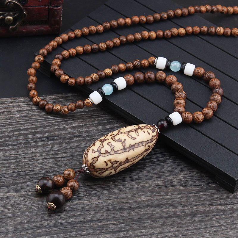 Collier unisexe fait à la main, bouddhiste du népal, pendentif de perles en bois de Mala, collier ethnique corne de poisson, Long bijoux pour hommes et femmes