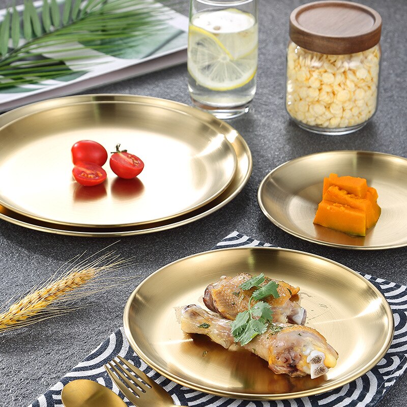 Stainless Steel Dinner Plates Golden Tray Western Food Plate Barbecue Plate Cake Dessert Fruit Disc Buffet Plate