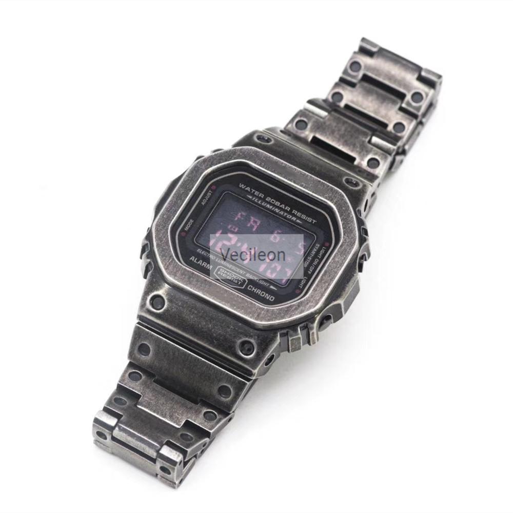 Retro zilveren horlogeband horlogeband bezel set voor gwm 5610 dw5600 gw5000 metalen roestvrijstalen armband stalen riem met gereedschap