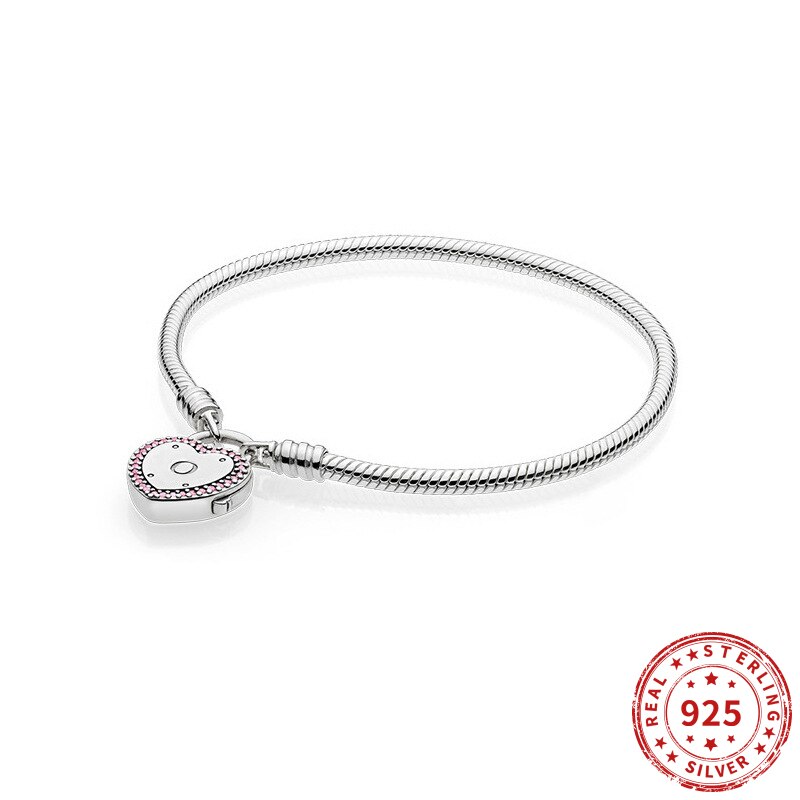 Vero argento sterling 925 cuore rosa CZ serpente catena braccialetto misura originale perlina fascino donne braccialetto gioielli regali del partito 2021