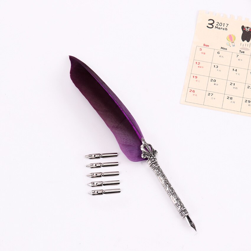 1 Set Feather Dip Fountain Pen Chancery Quill Writing Pens +5pcs Nib Carved Metal For Fancy Font Calligraphy Pen: Purple