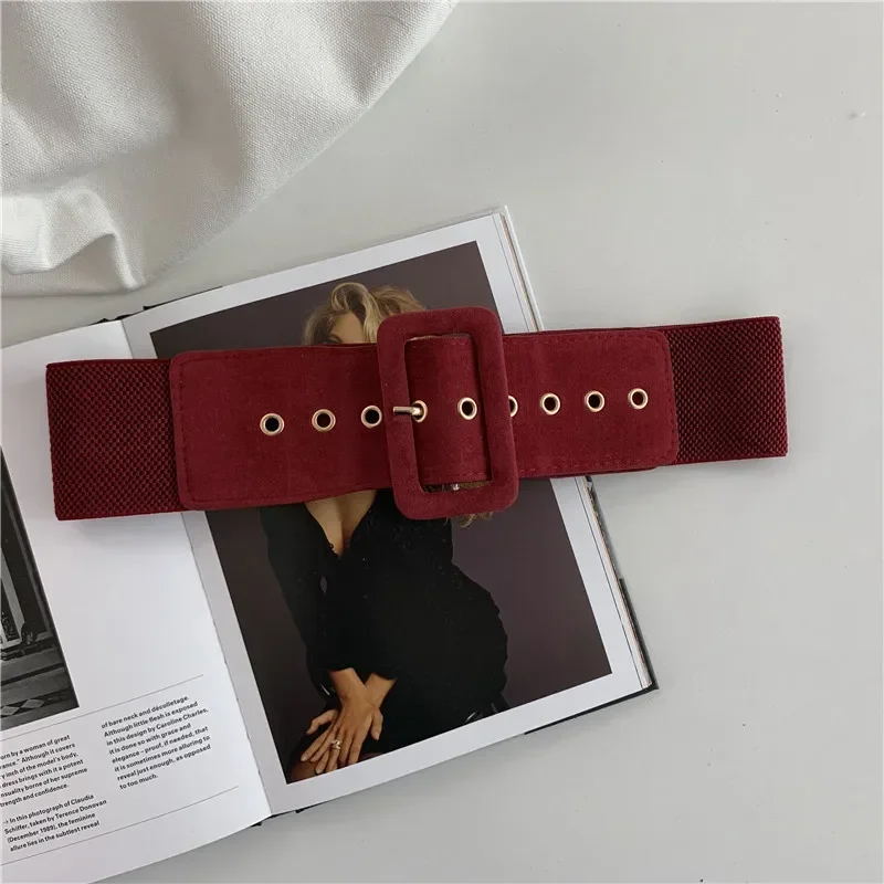 Cinturones de gamuza para mujer, cinturón elástico para ropa de mujer, hebilla de estilo coreano, cinturón ancho elástico que combina con todo, decoración de ropa: Rojo