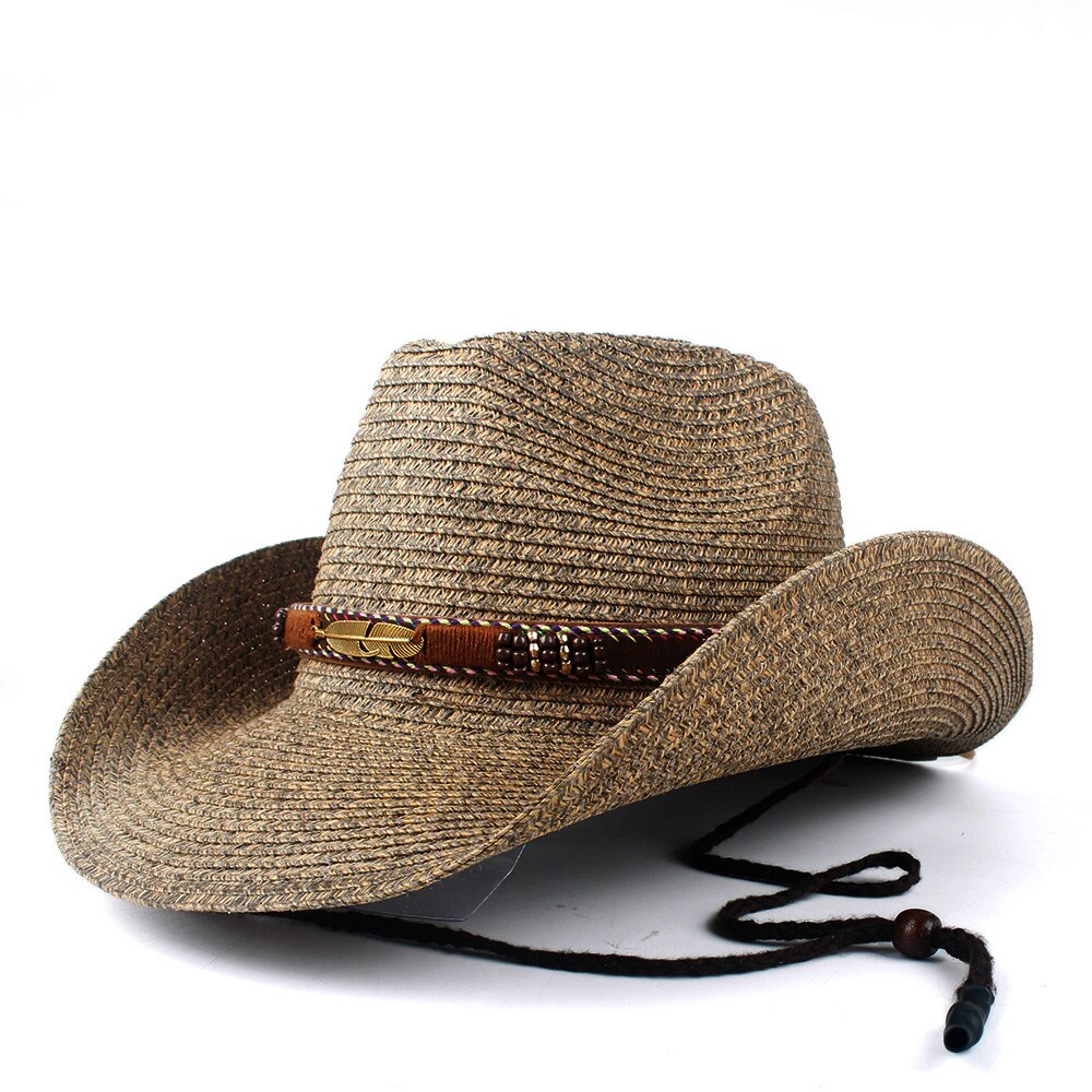 Dames heren holle strand sombrero man western cowboyhoed dame vader stro panama cowgirl jazz zonnepet maat 56-58cm: Koffie 5
