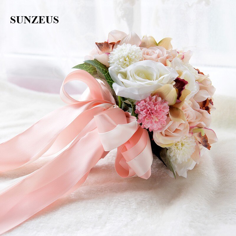 Pink Ribbons Ivory Flowers Handmade Wedding Bouque... – Grandado