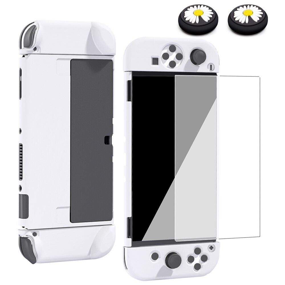 Hard Shell Micro-Frosted Cover Case Voor Schakelaar Oled &amp; Joycon Controller Game Accessoires 4 Thumb Grip Cap En screen Protector: WHITE