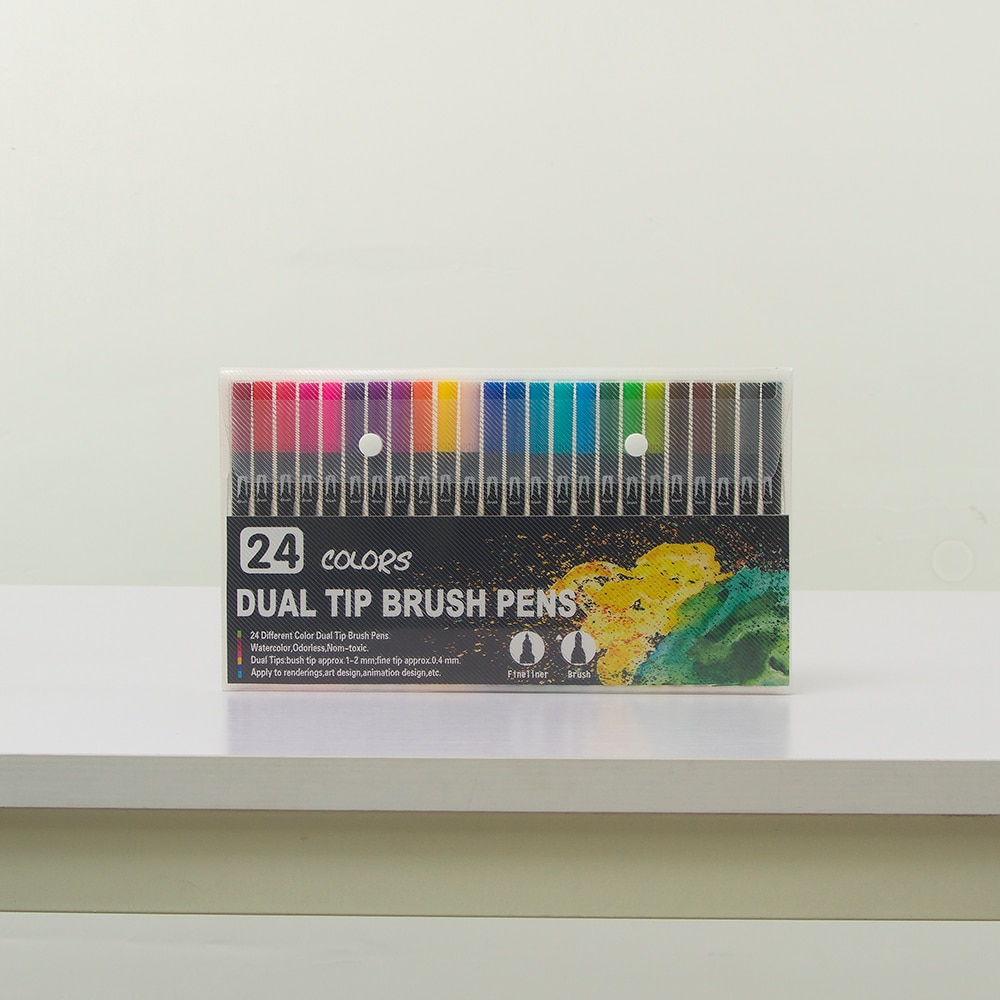 12/24/36/48/72/100/120 dobbeltspids vandfarve kunstmarkør, pensel highlighter pen til håndbogstaver skitsering note: 24 farver sort