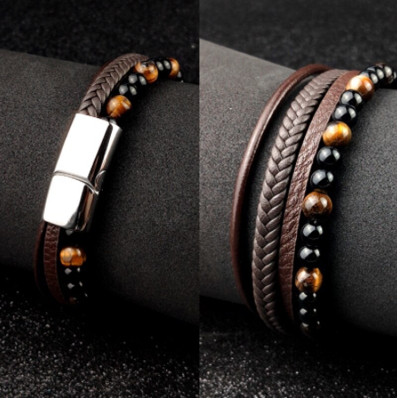 natural stone beads hand-woven leather bracelet for men and women retro punk jewelry