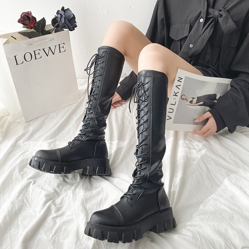 Dikke platform zwarte pu leren kniehoge laarzen dames dikke zool schoenen herfst winter veterschoenen lange laarzen