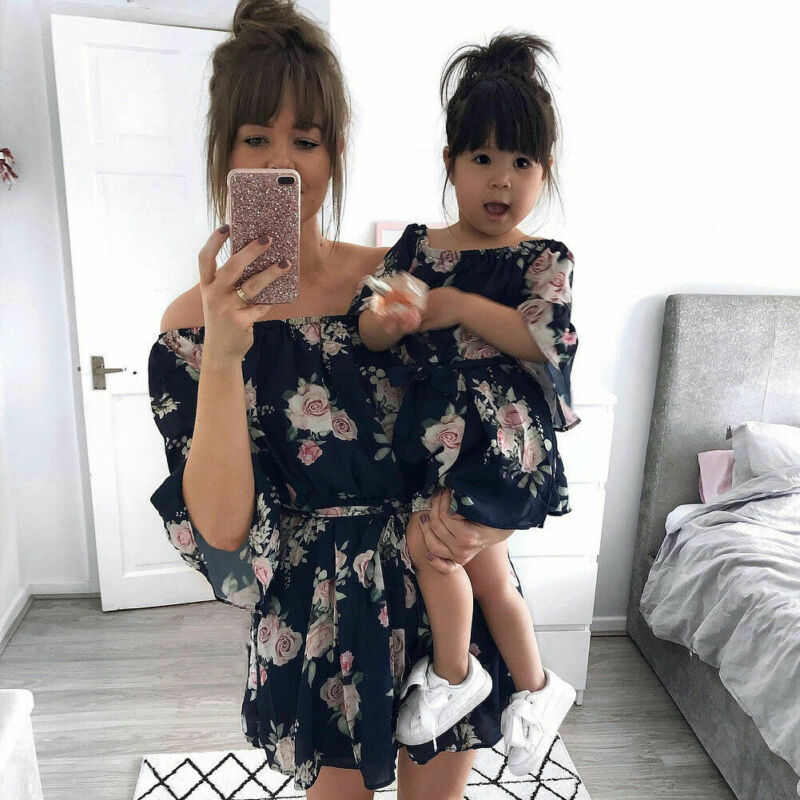 Mother Daughter Dresses Floral Summer Off shoulder A-Line Belt Mom Girls Dresses Family Matching Outfits Sundress