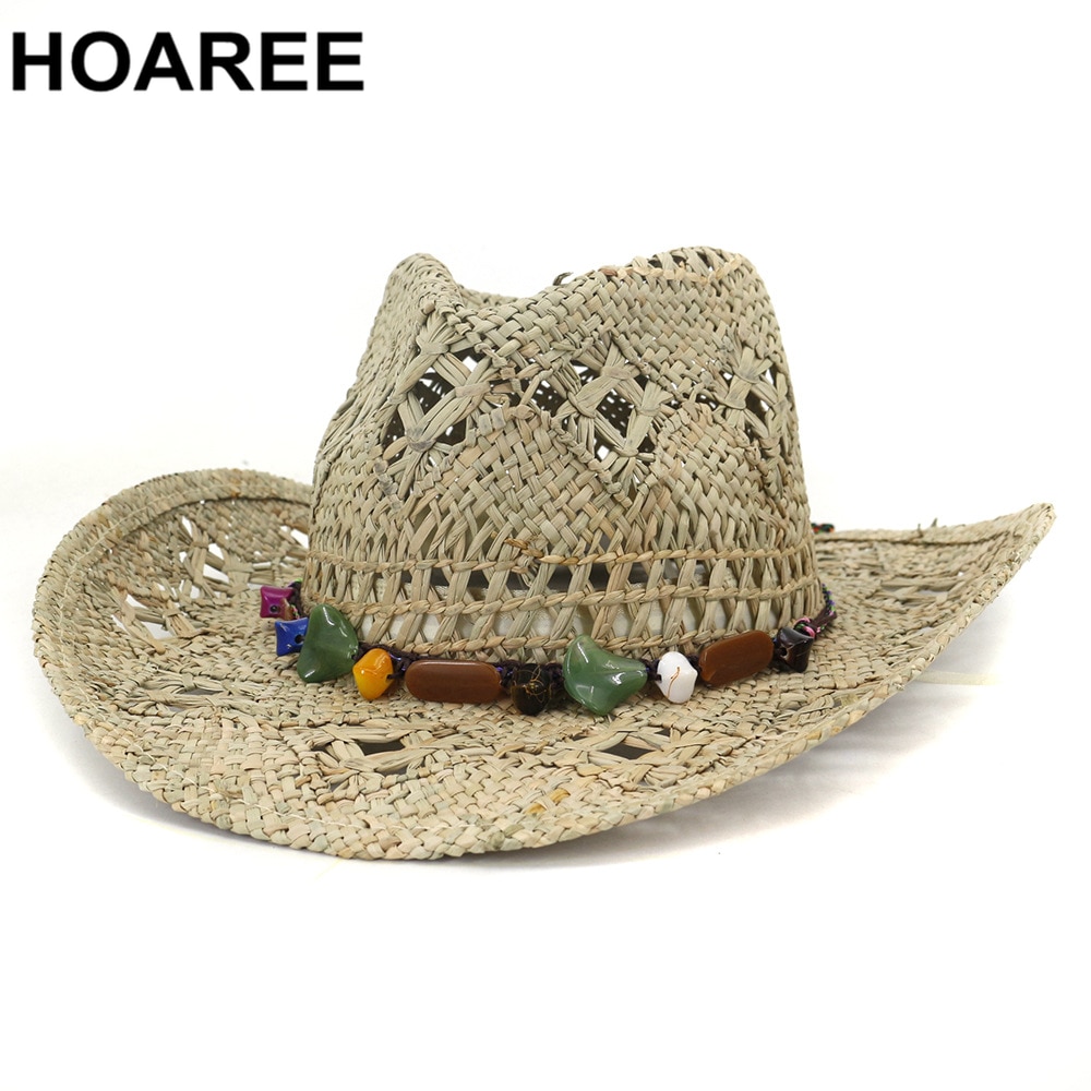 Hoaree chapéu de vaqueiro verão, chapéu de palha feminino, artesanal, chapéu de sol para homens, cowgirl, joia falsa, decoração, casual, praia, chapéu panamá