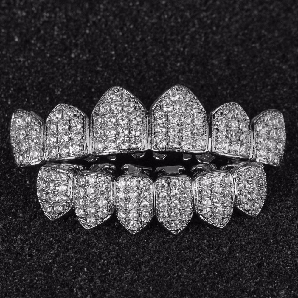 Hip Hop Micro Verharde Bling Zirconia Iced Out Tanden Grillzs Top & Bottom Set Dental Grills Mannen Sieraden goud Zilver Kleur: silver