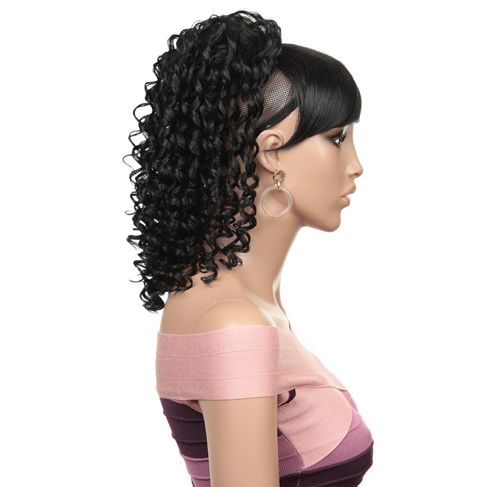 12Inch Kinky Curly Synthetic Ponytail Extention Wig inclined Bangs Built-in BB clip Bang and Wig For Women Golden Beauty: 1B