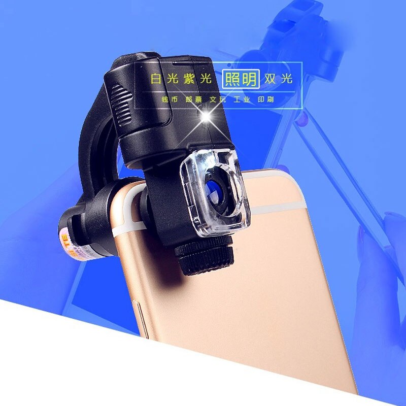 Universal Portable 90X LED Light Illuminant Identification Magnifier UV Light Loupe Pocket Clip Microscope for Smart Phone