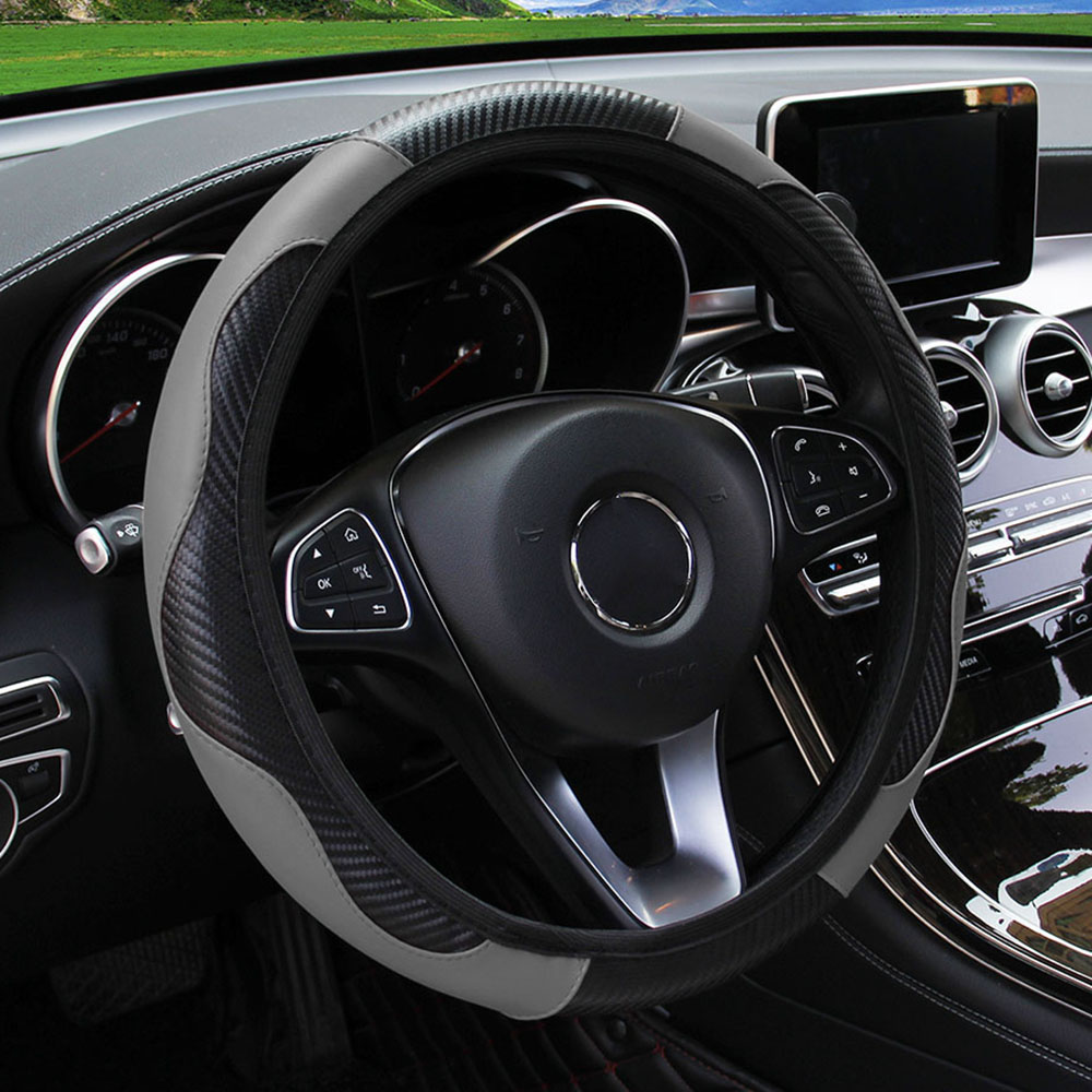 Juste de volant de voiture en cuir PU, fibre de carbone, sans anneau intérieur, adaptée aux amarans de 14.5 à 15, fournitures automobiles: GRIS